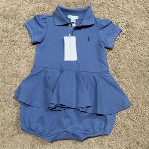 Ralph Lauren Blue Stretch Mesh Peplum Polo Shortall Cotton Girls 9 Months NWT